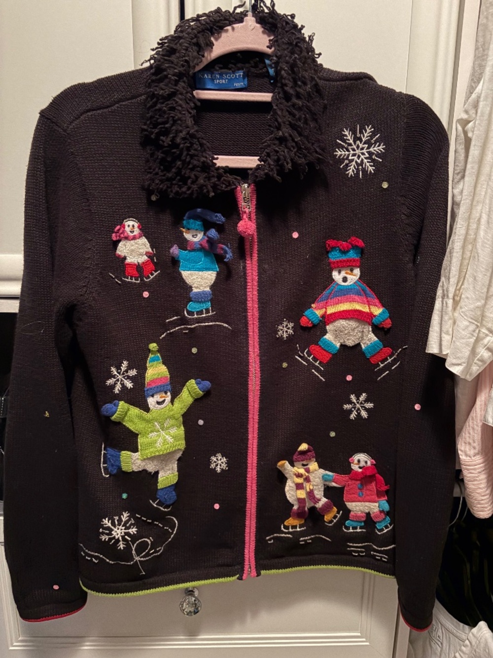 Karen Scott Christmas Sweater Woman’s PM medium Cardigan Snowman Ice Snow Winter